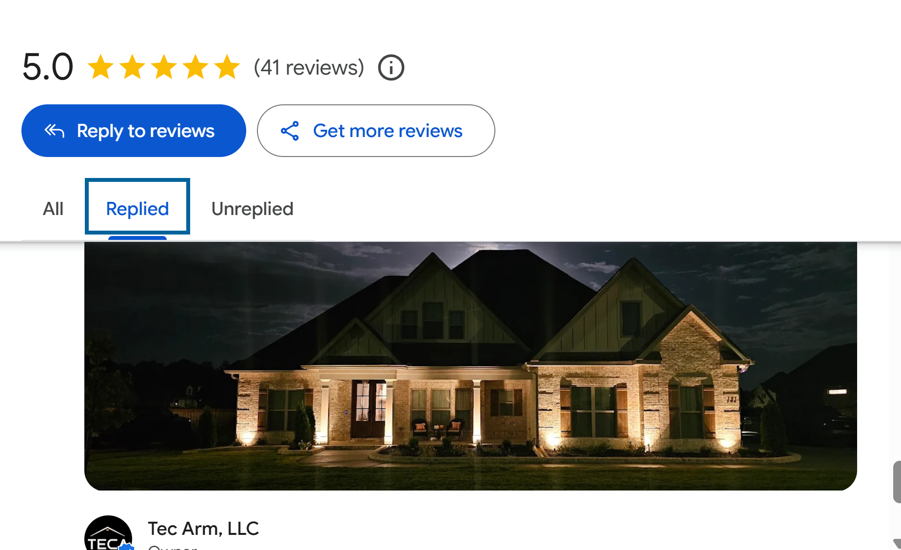 Tec Arm Google profile showing a 5.0 rating and 41 reviews